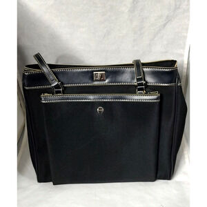 Eitienne Aigner Shoulder Bag Purse Black Fabric White Stitch Trim #40132 Clean